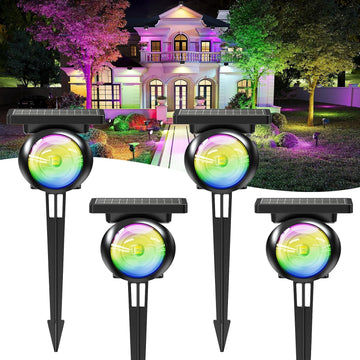 Focusing Solar Spot Lights Outdoor Waterproof, RGB+3CCT Tree Uplights 4Pack | Multicolor Focused Lens Spotlight