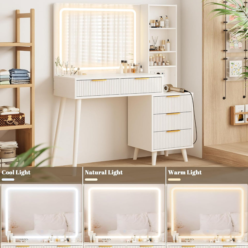 Vanity Desk with Mirror and Lights, Makeup Vanity Desk with Power Outlet, Makeup Desk with 5 Drawers&Storage Shelves