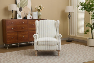 Striped Wingback Accent Chair with Wood Legs, Upholstered Armchair | Striped wingback accent chair with foam