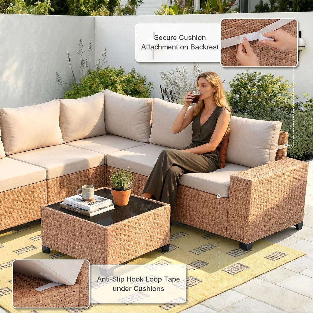 6-Piece Patio Wicker Sectional Furniture Set, Outdoor Modular Couch | L-Shaped Couch, 7.7" Wide Armrests, Thick