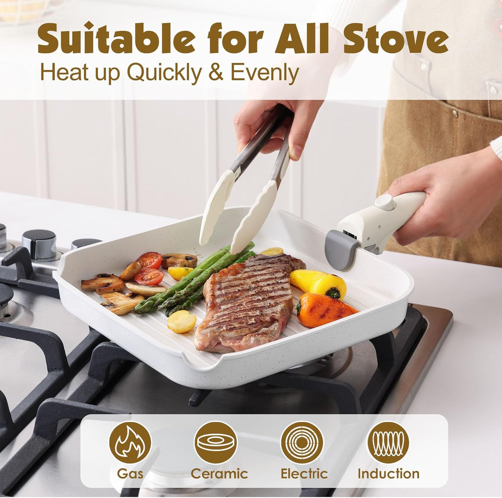17 Piece Nonstick Detachable Handle Pots and Pans Set White | Removable Handle Cookware Set, Induction Cookware Set