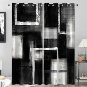 Boho Black and Grey Abstract Blackout Curtains, Retro Rustic Gray Neutral Contemporary Modern Geometric Darkening
