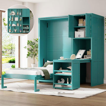 Twin Rotating Wall Murphy Beds, Wood Folding Murphy Wall Bed with Bookshelf, Top Cabinet, Extendable Desk & Side