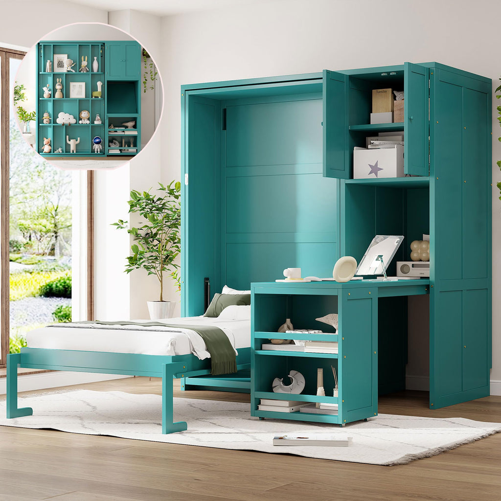 Twin Size Murphy Bed, Rotating Wall Murphy Beds with Bookshelf, Top Cabinet, Extendable Desk, Teal