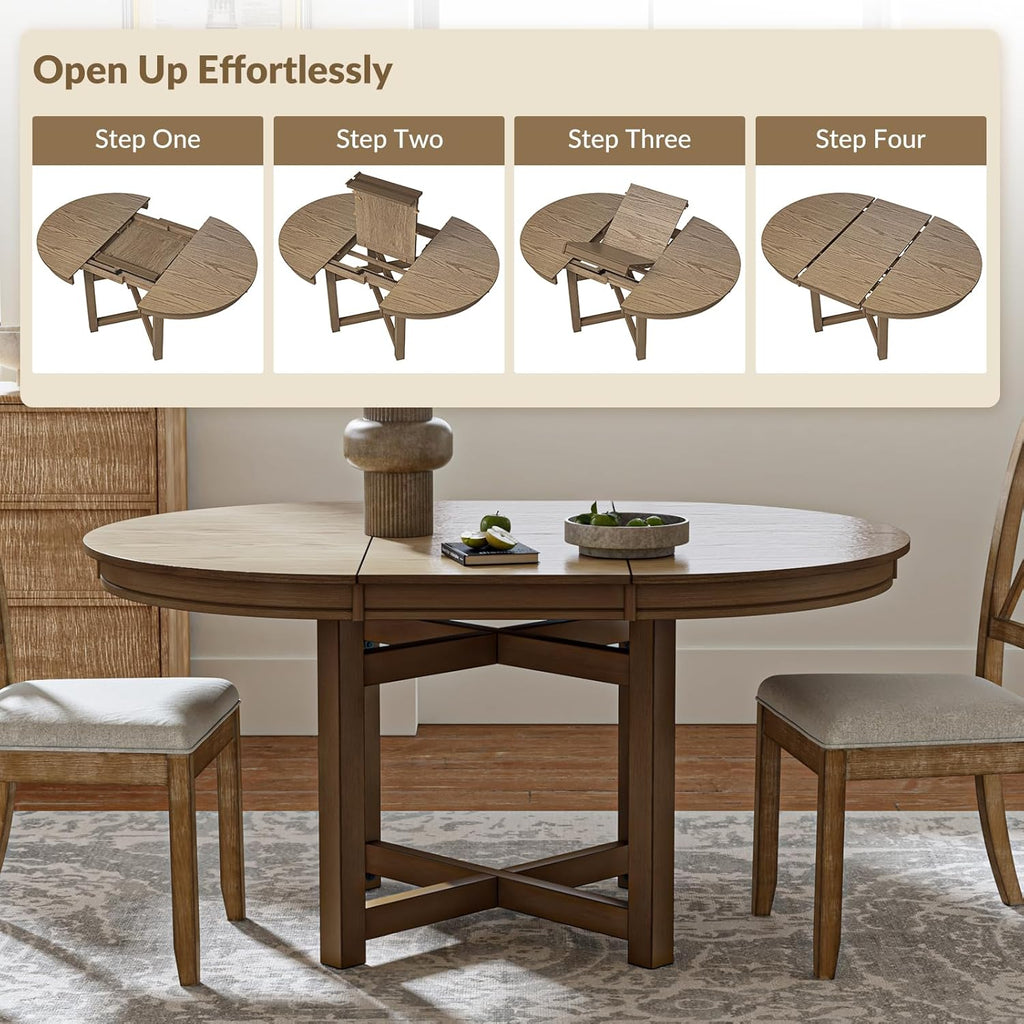 42"-60" Extendable Dining Table for 4, Solid Wood Round Oval Expandable Kitchen Dining Room Table with Butterfly