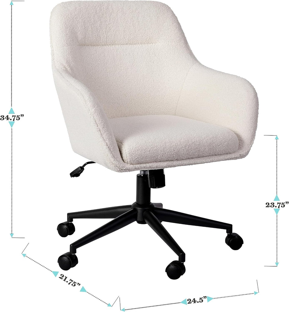 Swivel Task Chair with Flared Arms for Home Office in White Boucle with Oil Rubbed Bronze Frame