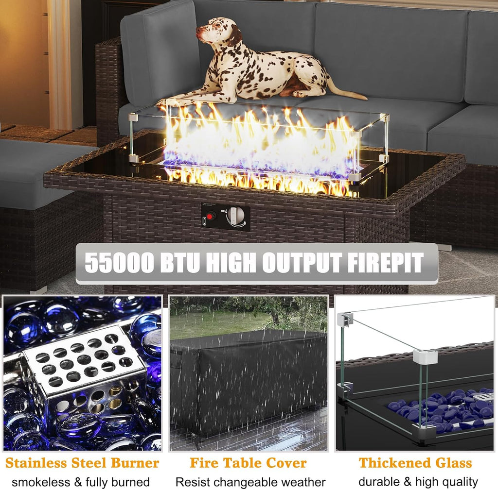13 Pieces Outdoor Patio Furniture Set with 44" Fire Pit Table Brown Rattan Sectional Sofa Conversation Sets