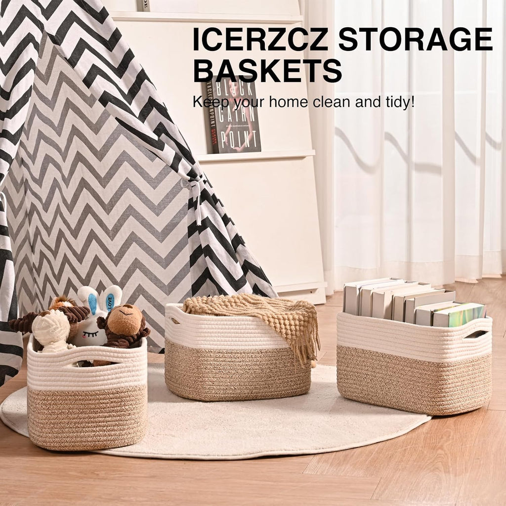Storage Baskets for Shelves, Woven Storage Basket, Bins for Cube Storage, Cotton Rope Basket with Handles for Toy