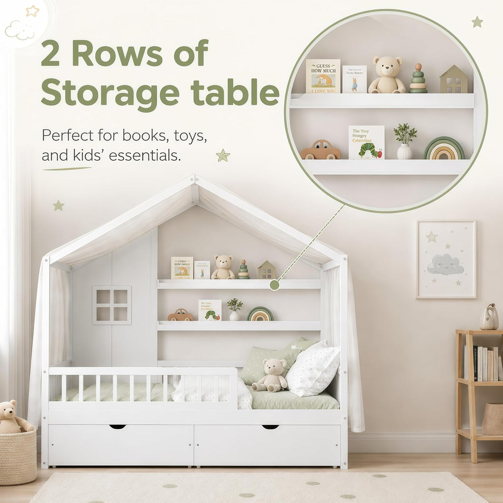 Full House BedFrame with Canopy and Storage Drawers, Montessori Bed, House Bed with Rails for Kids, White