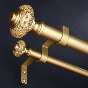 Gold Double Curtain Rod, 1 Inch Adjustable Decorative Crystal Dual Curtain Rod, Heavy Duty Vintage