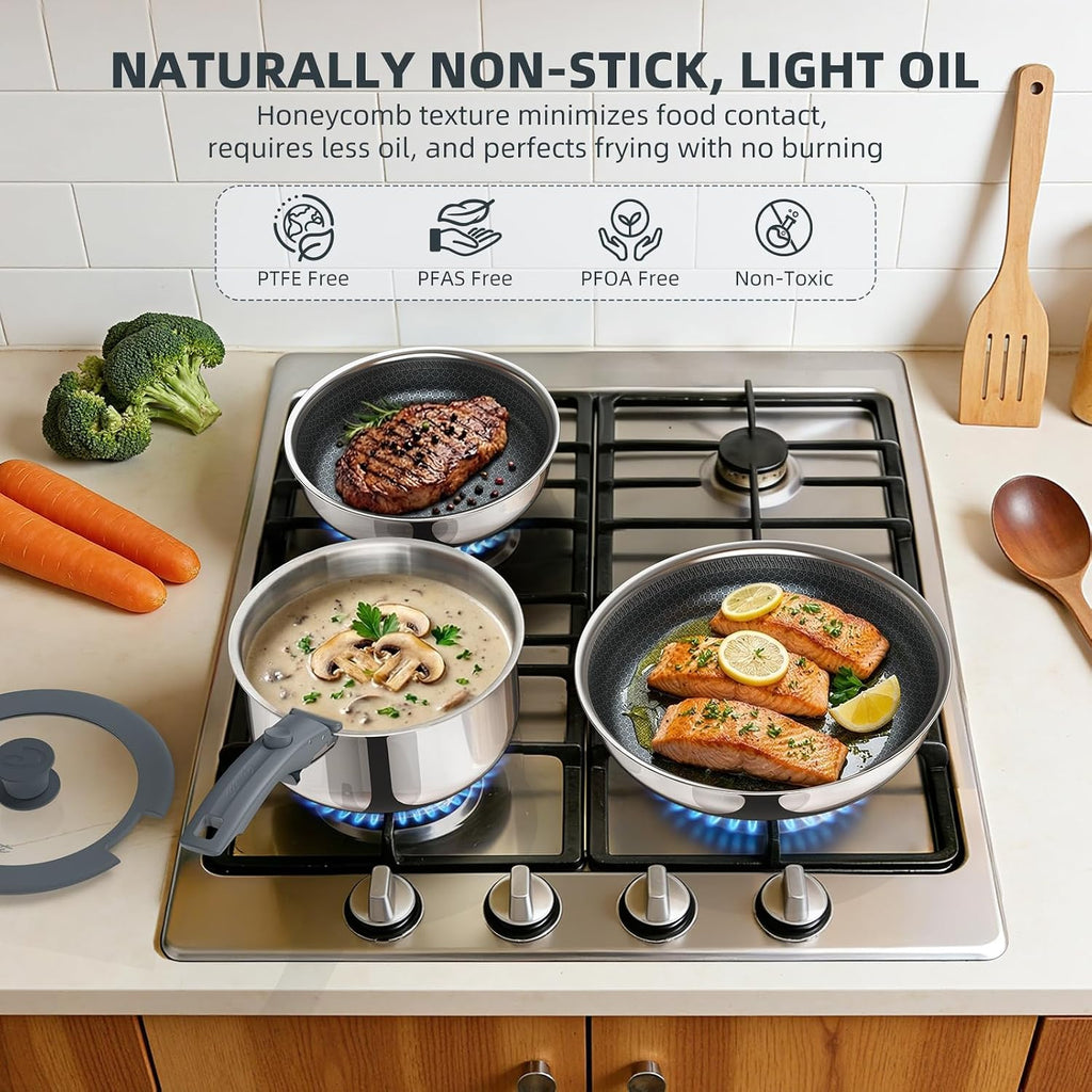 6-Piece Hybrid Stainless Steel Pots and Pans Set Non Stick, Tri-Ply Stainless Steel Cookware Set with Lids and