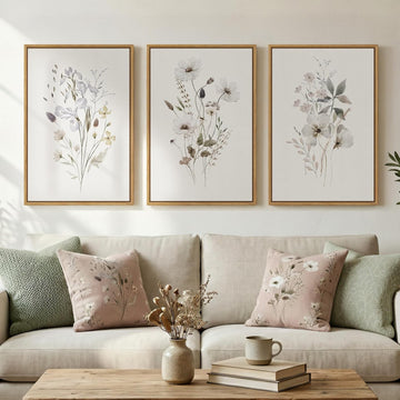 Framed Neutral Floral Botanical Wall Art Set of 3, Modern Farmhouse Flower Canvas Prints Paintings, Rustic Minimalist