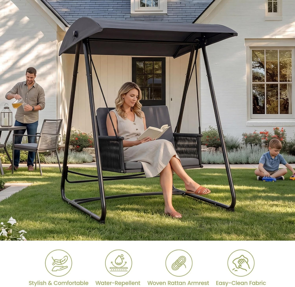Porch Swing with Stand, Outdoor Swing with Canopy, All Weather Outdoor Swings for Adults, 400lbs Heavy Duty Porch
