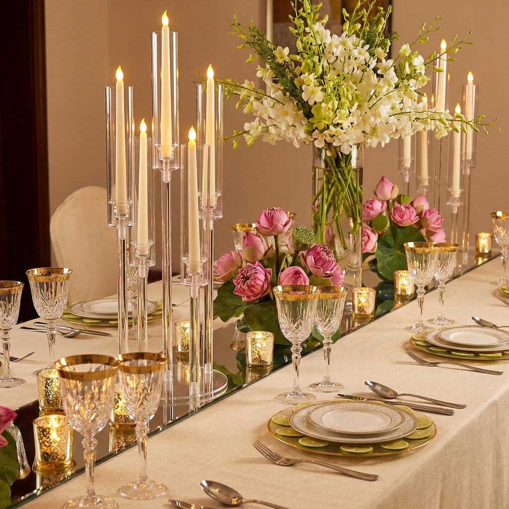 4 Pcs Acrylic Candelabra Centerpieces Candle Holder Crystal 5 Arm Candlesticks Holder with Acrylic Shade Pillar Taper