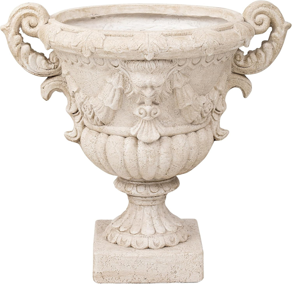 2-Piece 21.65" H Classical Mythological Relief Urn Planter, MGO Pedestal Flower Pot with Ornate Scroll Handles