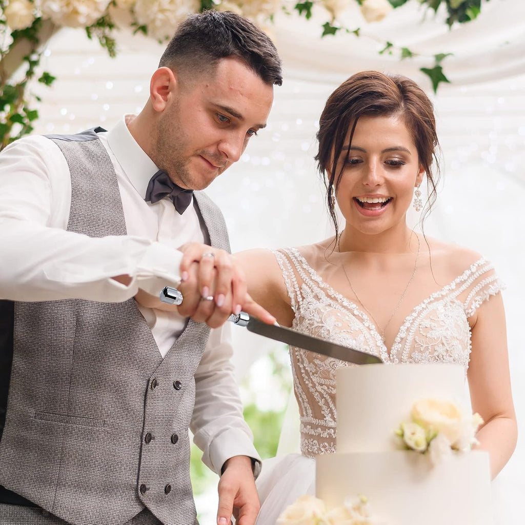 Wedding Cake Knife and Server Set, Mr and Champagne Flutes with Wedding Cake Cutting Set for Bride and Groom Toasting