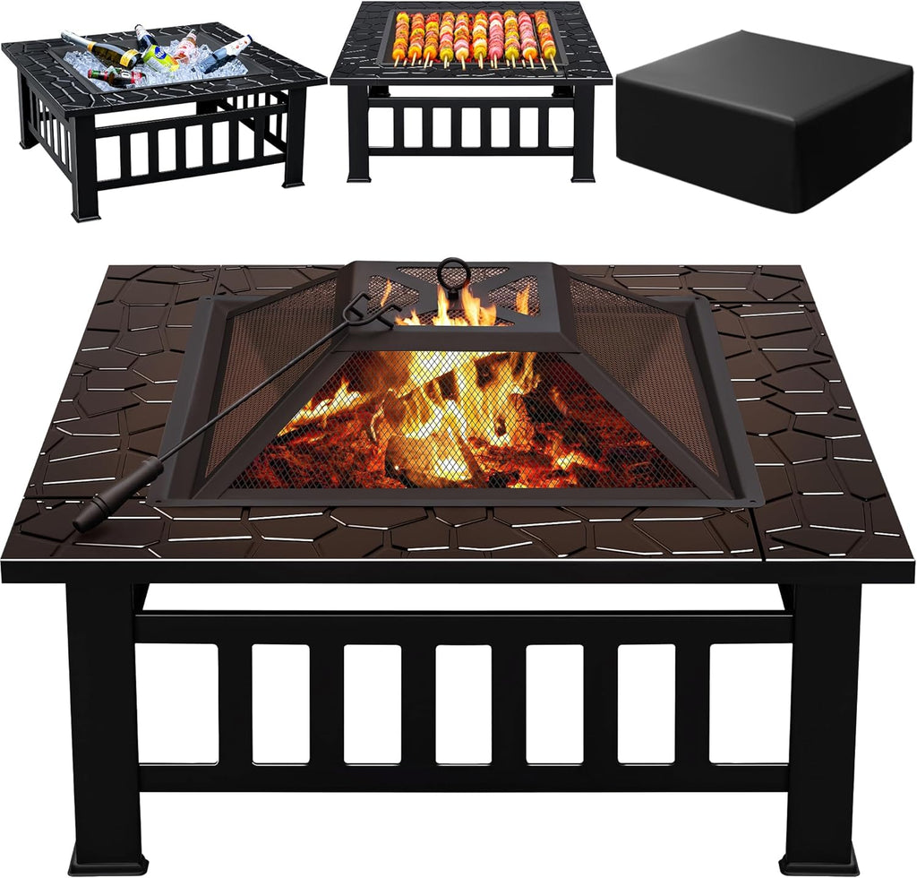 Multifunctional Patio Fire Pit Table, 32in Square Metal BBQ Firepit Stove Backyard Garden Fireplace with Spark Screen Lid and Rain Cover for Camping