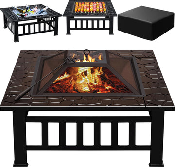 Multifunctional Patio Fire Pit Table, 32in Square Metal BBQ Firepit Stove Backyard Garden Fireplace with Spark Screen Lid and Rain Cover for Camping