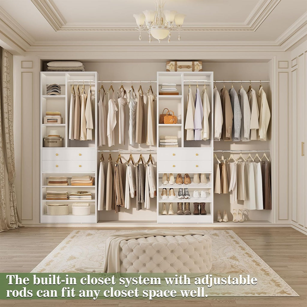 Closet System, Up to 134"/11.2 FT Closet Organizer with 4 Wooden Drawers and Shelves, Walk-in Closet System with 6