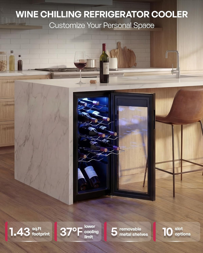 12 Bottle Compressor Wine Cooler Refrigerator, Freestanding Wine Cellar with Gla