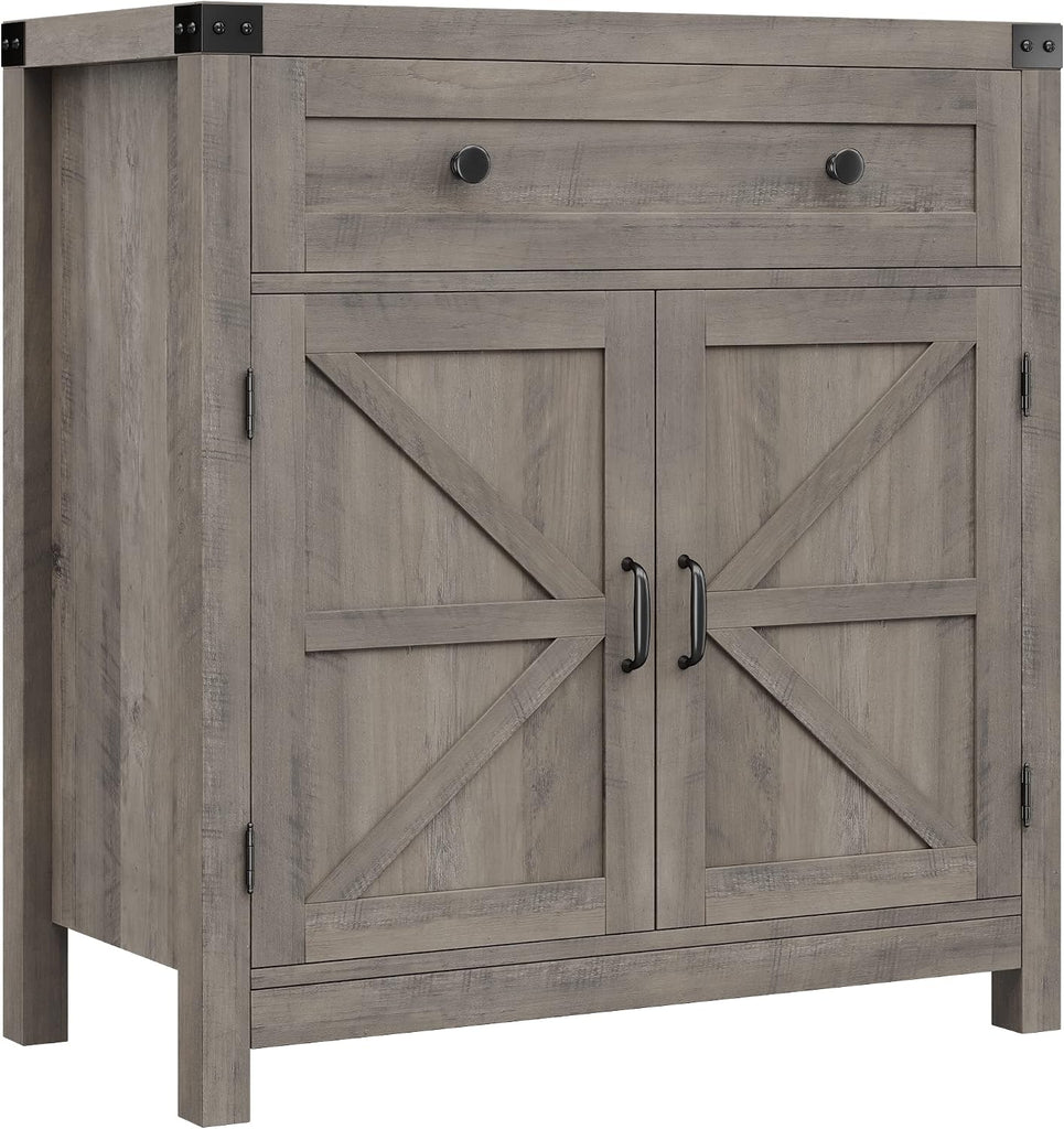 Kitchen Storage Cabinet, Farmhouse Coffee Bar Cabinet, Ash Gray | Small Buffet Cabinet with Doors & Wide Drawer, Wood