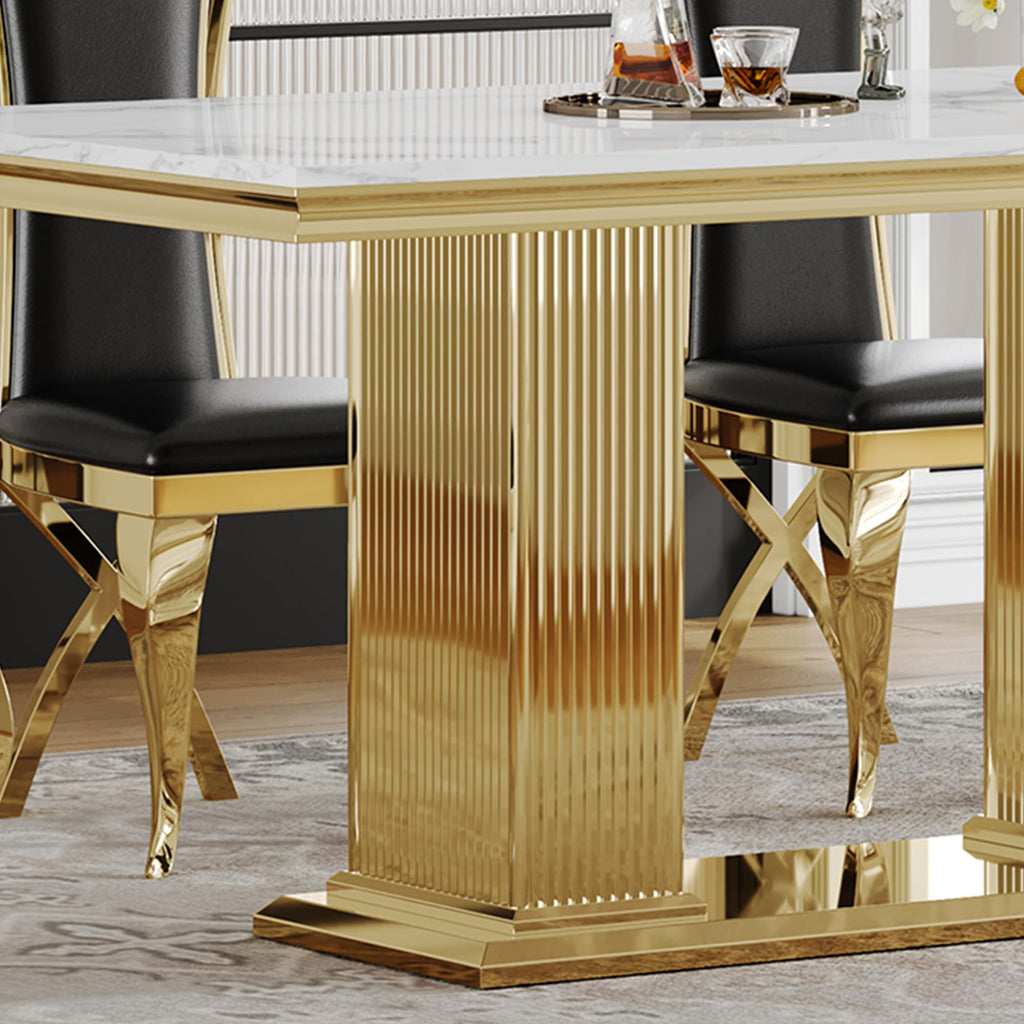 Marble Dining Table for 6 People, 70'' Rectangle Faux Marble Dining Table with Gold Mirrored Finish Stainless Steel