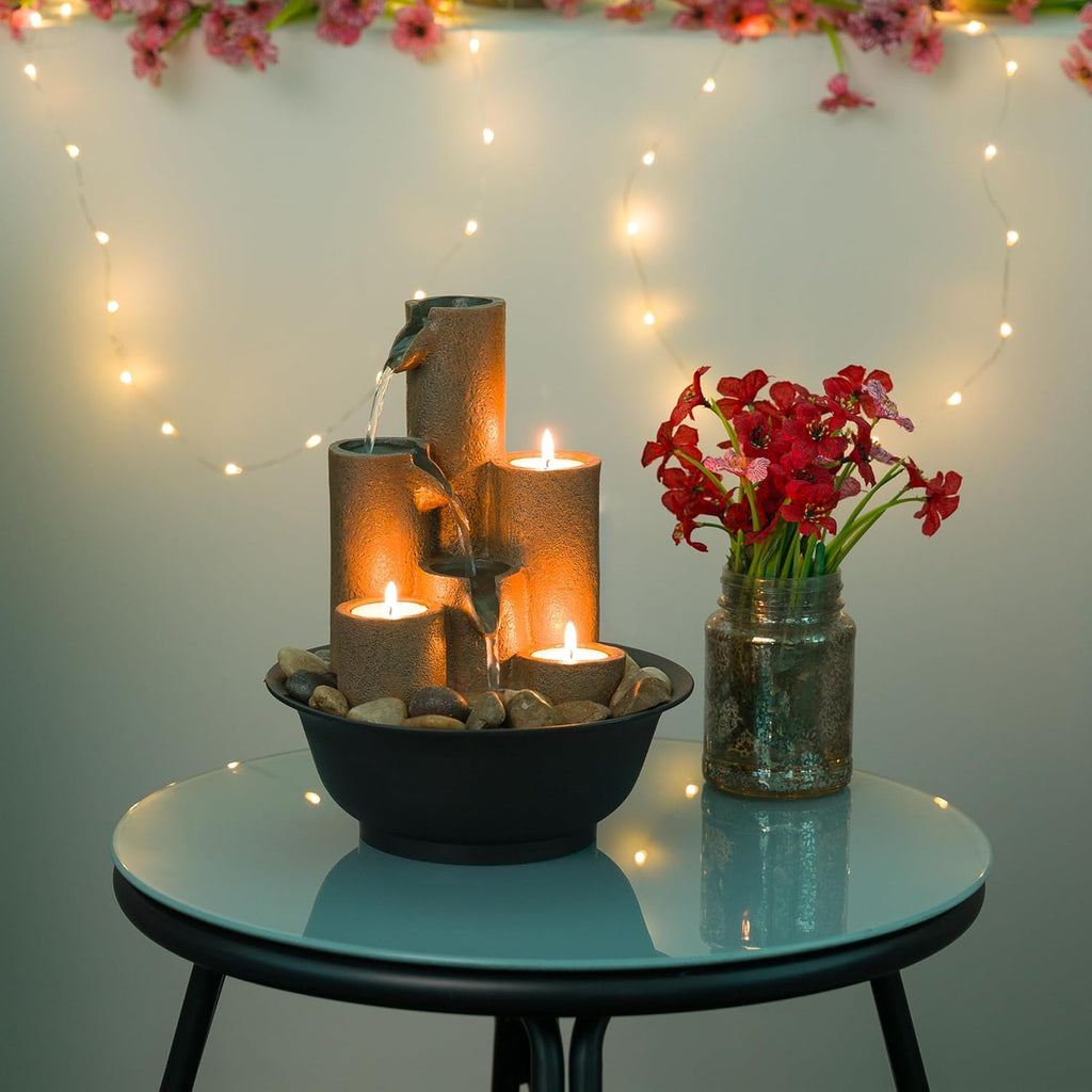 Indoor Tabletop Tiered Water Fountain Featuring 3 Candles for Desktop and Table, 11", Brown