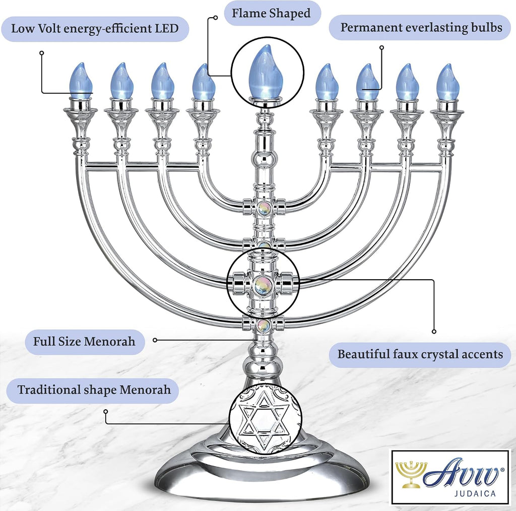 Traditional LED 13" Metallic Silver Battery or USB Powered Chanukiah with 4' USB Cable Electronic Chanukah Minorah