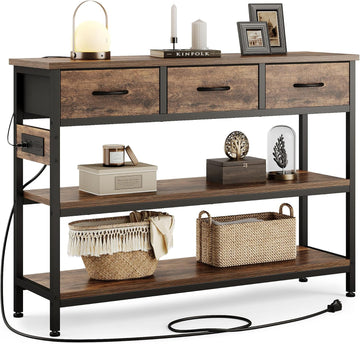 Entryway Table with Outlets, 3 Fabric Drawers, 43 in Console Table | 43.3"W x 11.8"D entry table with 2 outlets, 2