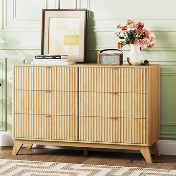 Fluted Dresser , 6 Drawer Dresser w/Rounded Edges, Mid Century Modern Dressers Natural Wood Color, 46.8" W*15.6"
