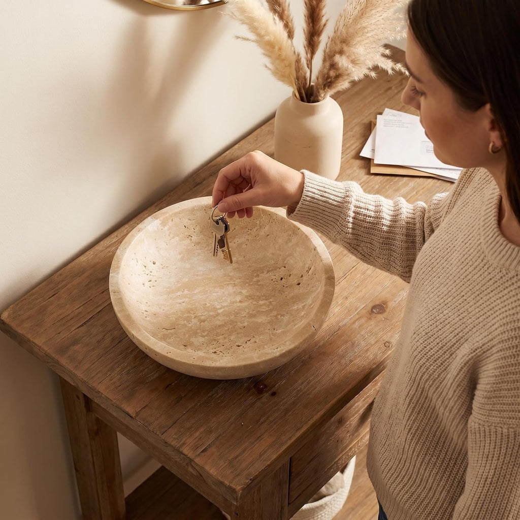 Large 7.87" Natural Travertine Stone Decorative Bowl, Beige Travertine Catchall Tray Decor, Coffee Table Centerpiece