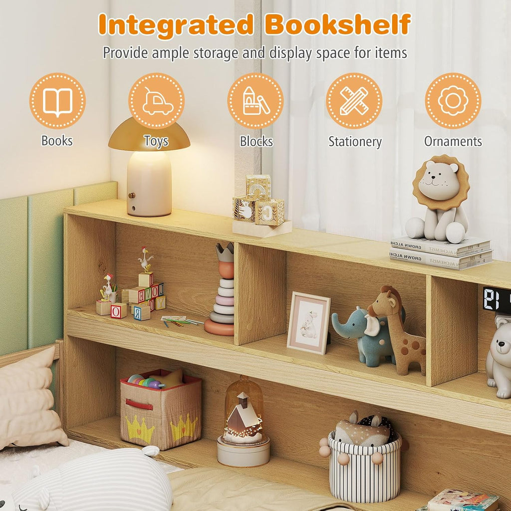 Full Size Floor Bed for Kids, Wooden Montessori Bed Frame with Bookcase, Storage Shelves & Safety Fence Rails, Floor