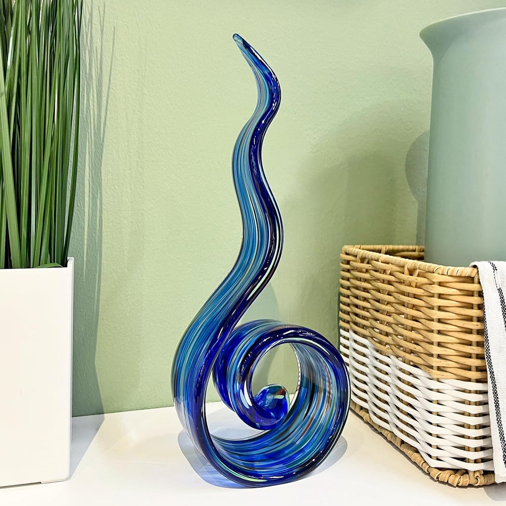 11.4" Tall Hand Blown Glass Sculpture, Murano Style Art Glass Figurine, Modern Coastal Home Decor Accent for Shelf
