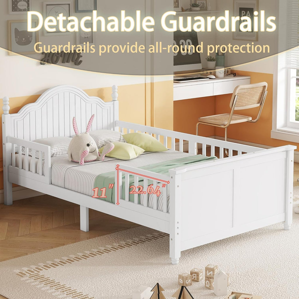 Twin Kids Bed Frame with Full-Length Guardrails, Low Profile Wood Platform Bed with Headboard & Footboard, Removable