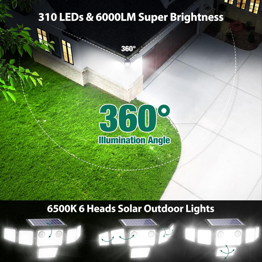 Solar Lights Outdoor, 6000LM 310 LEDs Dual Motion Sensor Solar Flood Lights 6 Heads Security Wall Lights, IP65