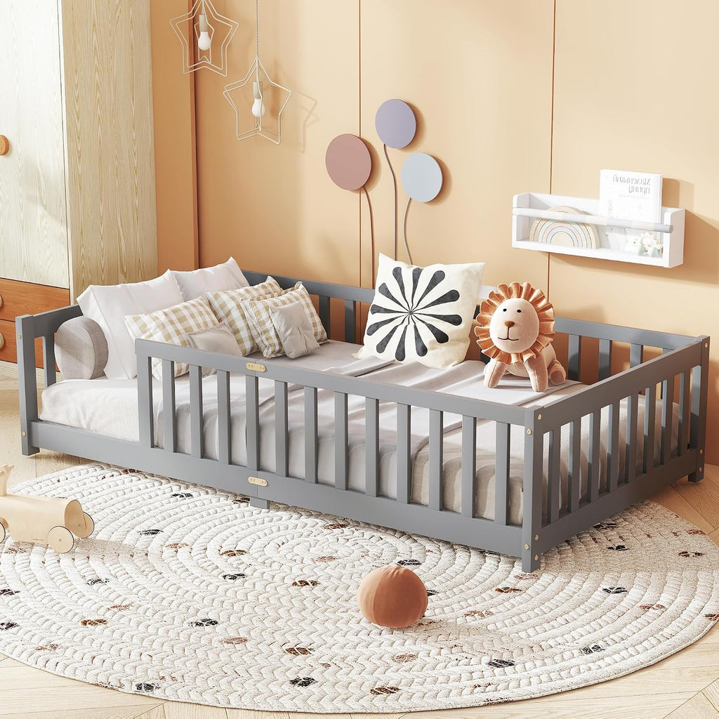 Twin Floor Bed with Slats and Guardrails, Wood Montessori Floor Beds with Fence, Easy Assemble Floor Bed for Kids