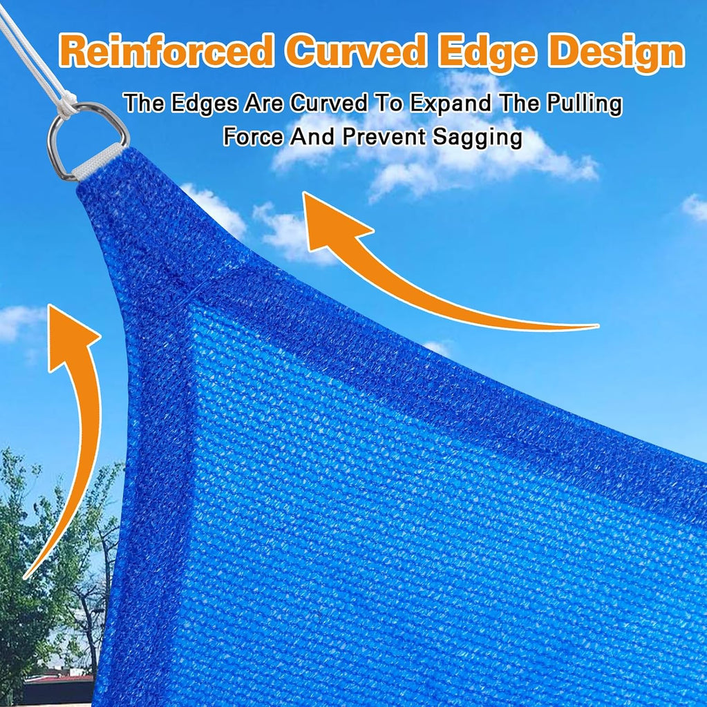 Sun Shade Sail, 12'X20' Blue Rectangle Curved Edged Sun Shade, Commercial Grade 185GSM HDPE UV Permeable Outdoor