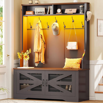 Hall Tree with Bench and Shoe Storage, 5-in-1 Entryway Bench with Coat Rack, 10 Shoe Cubbies & 9 Coat Hooks, Barn