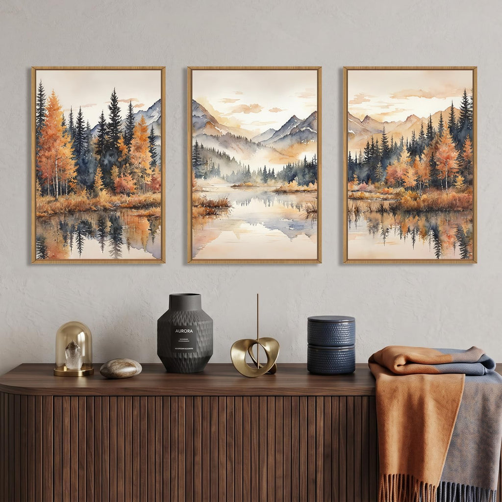 Large Neutral Mountain Framed Canvas Wall Art,Nature Foggy Forest Wall Decor,Watercolor Autumn Landscape Wall