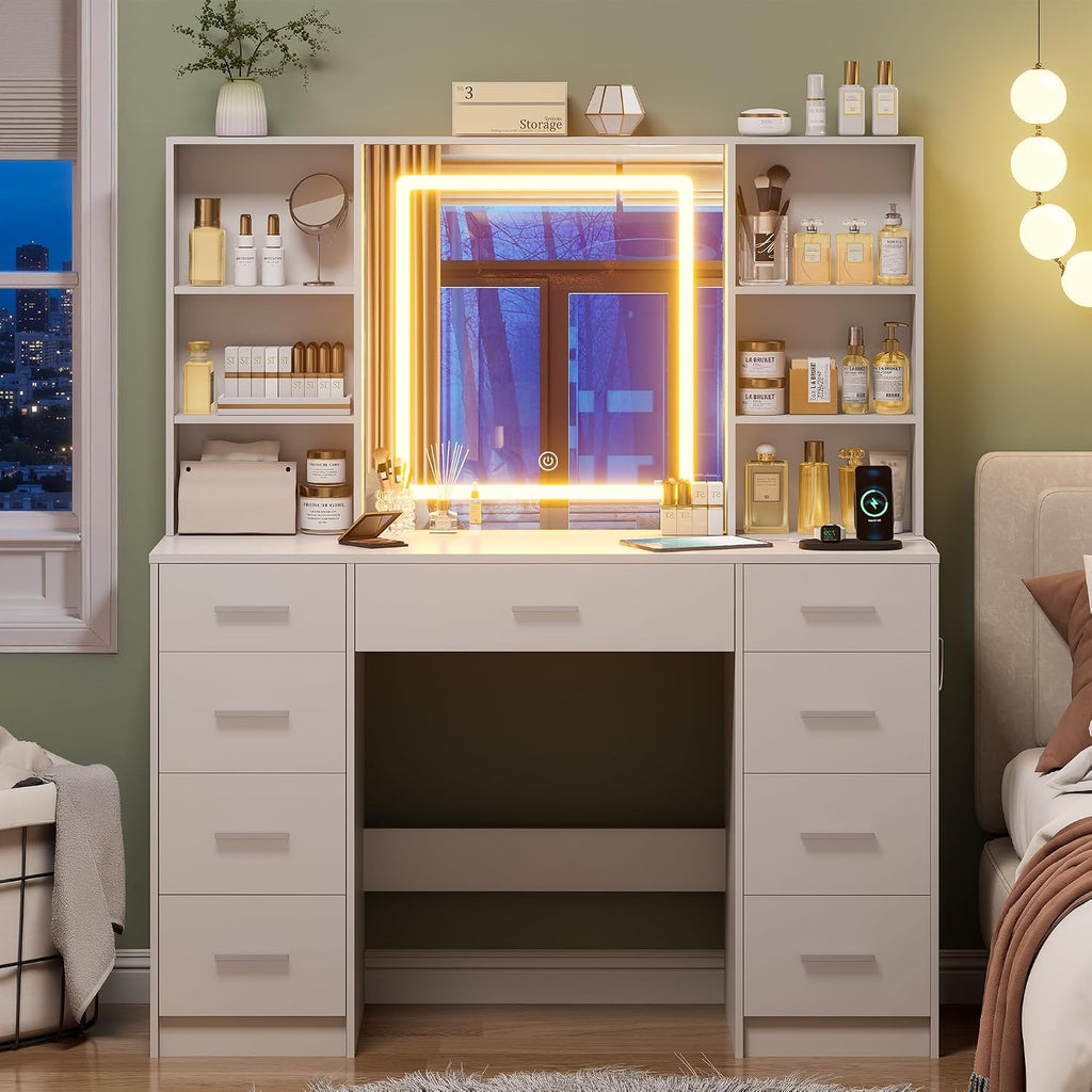 Vanity Desk with Mirror and Lights, Makeup Vanity Desk with 9 Drawers & 6 Shelves, Make up Vanity, Dressing Table