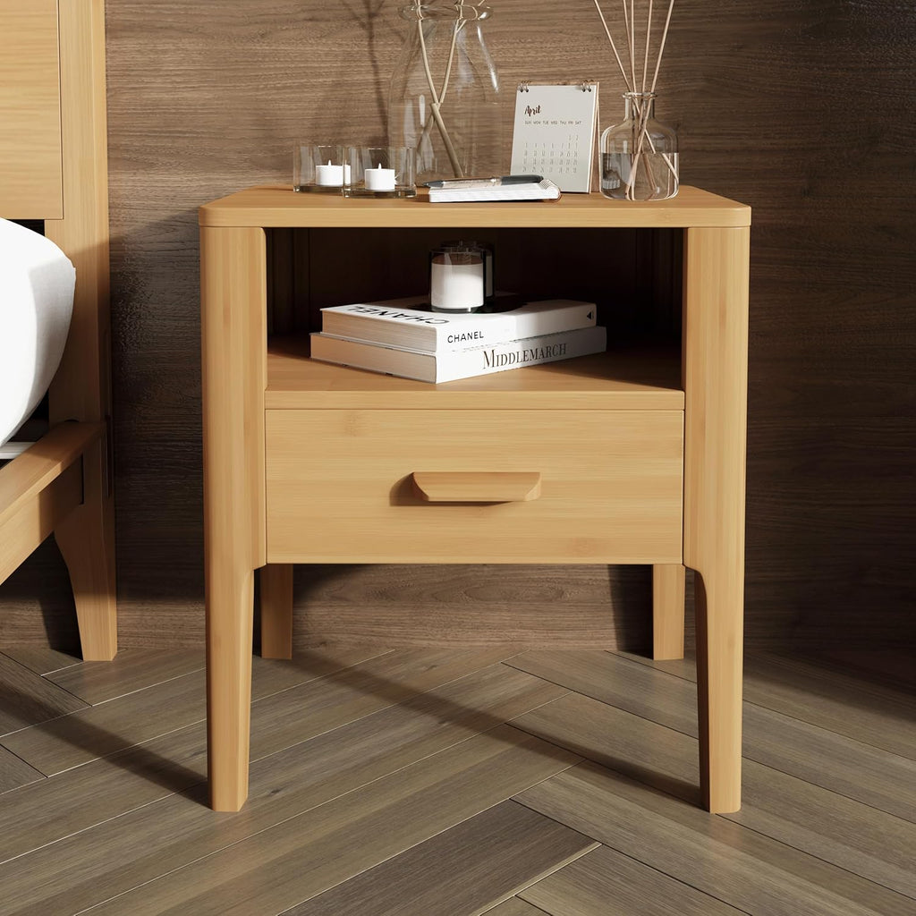 Bamboo Nightstands Set of 2 with Drawer & Shelf, Mid-Century Modern Solid Bedside Tables, Natural