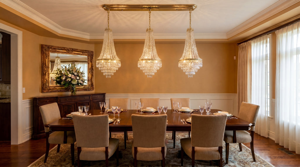 Set of 3 French Empire Crystal Chandeliers - Gold Finish - H30" X W17" 4 Lights Each - Dining Room, Foyer, Entry Way, Living Room