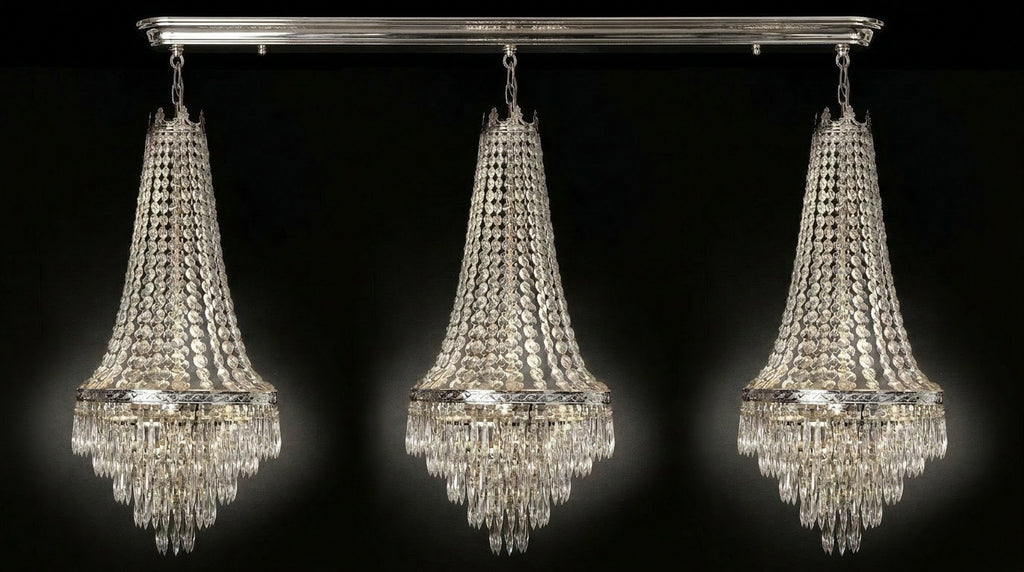 Set of 3 French Empire Crystal Chandeliers - Silver Finish - H30" X W17" 4 Lights Each - Dining Room, Foyer, Entry Way, Living Room