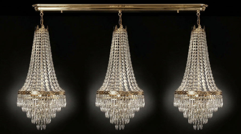 Set of 3 French Empire Crystal Chandeliers - Gold Finish - H30" X W17" 4 Lights Each - Dining Room, Foyer, Entry Way, Living Room