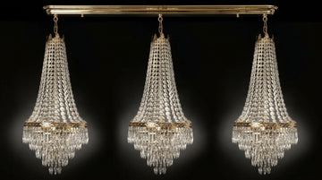 Set of 3 French Empire Crystal Chandeliers - Gold Finish - H30" X W17" 4 Lights Each - Dining Room, Foyer, Entry Way, Living Room