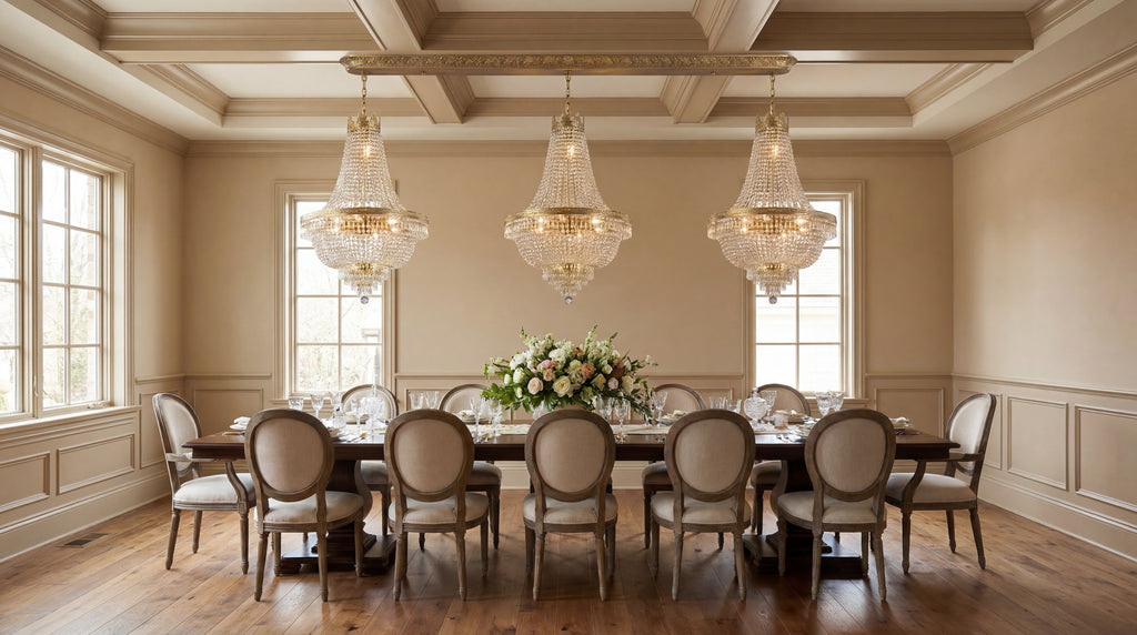 Set of 3 French Empire Crystal Chandeliers - Gold Finish - H30" X W17" 4 Lights Each - Dining Room, Foyer, Entry Way, Living Room