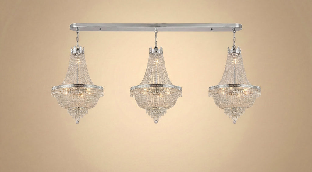Set of 3 French Empire Crystal Chandeliers - Silver Finish - H30" X W17" 4 Lights Each - Dining Room, Foyer, Entry Way, Living Room