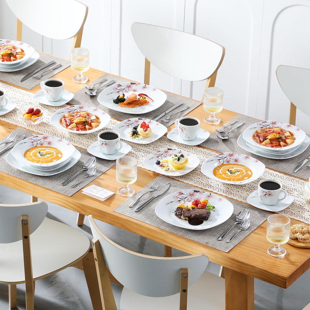 Annie Porcelain Dinnerware for 6, 30-Piece Pink Floral Dish Set With Plates and Bowls Including Dinner, Dessert, Soup