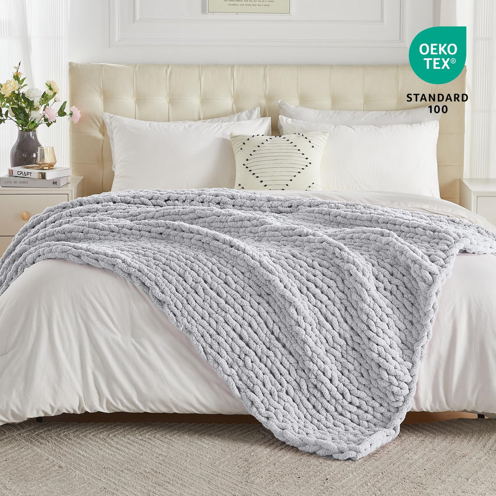 Chunky Knit Throw Blanket 60" x 80", 100% Hand Made, Grey