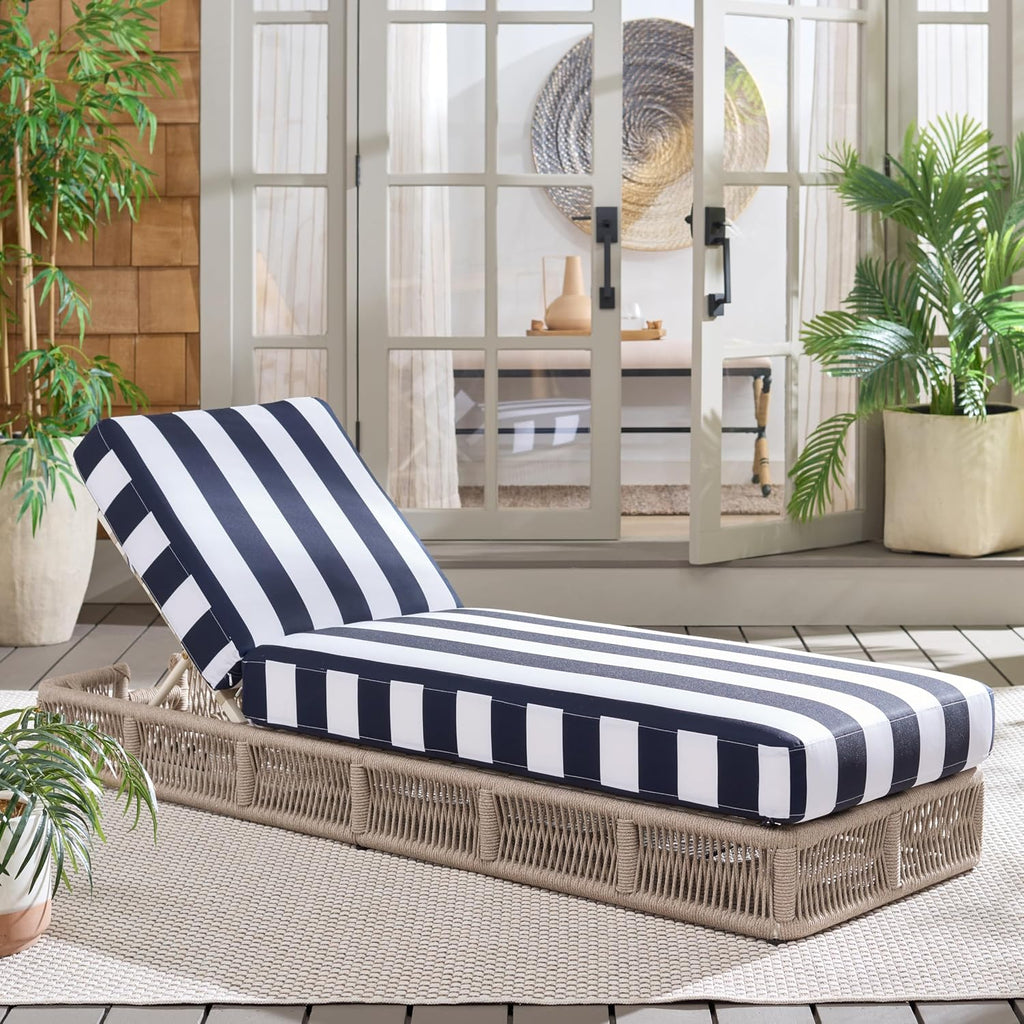 Outdoor Chaise Lounge Chair - Heather Tan & Navy Stripe - Steel and Woven Rope - Adjustable 5-Position